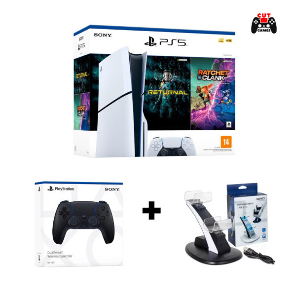 Combo PS5 Slim Físico 2 Jogos + Controle adicional + Carregador duplo OTVO