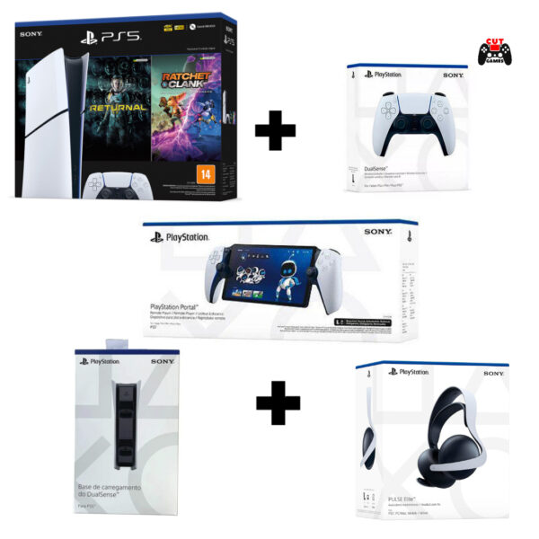 Combo PS5 Slim Digital 2 Jogos + Controle adicional + Portal + Carregador Duplo Sony + Headset Pulse Elite