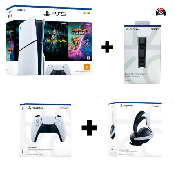Combo PS5 Slim Físico 2 Jogos + Controle adicional + Carregador duplo Sony + Headset Pulse Elite