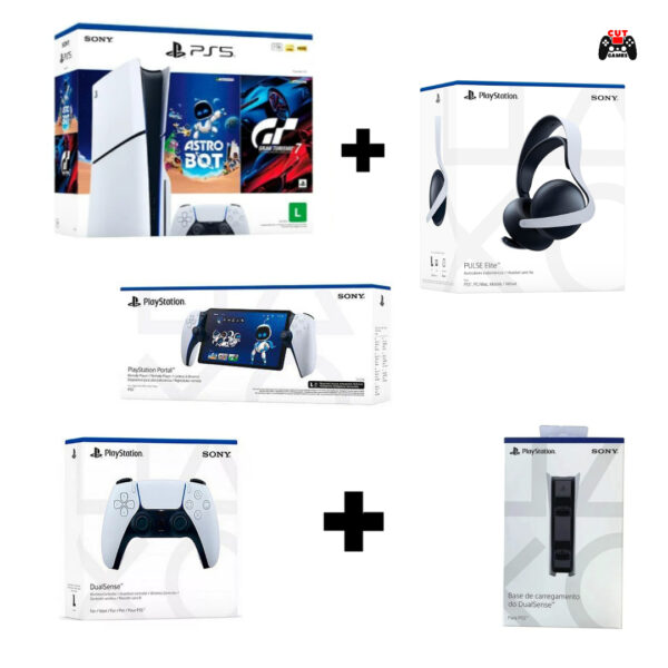 Combo PS5 Slim Físico 2 Jogos + Controle adicional + Carregador duplo Sony + Headset Pulse Elite + Portal