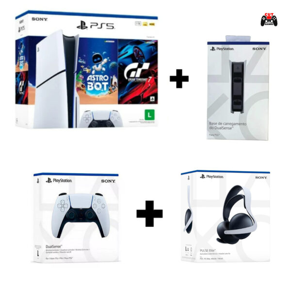 Combo PS5 Slim Físico 2 Jogos + Controle adicional + Carregador duplo Sony + Headset Pulse Elite