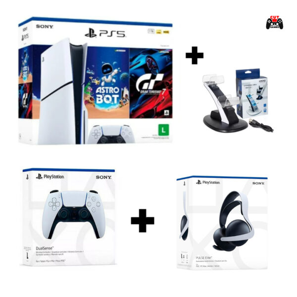 Combo PS5 Slim Físico 2 Jogos + Controle adicional + Carregador duplo OTVO + Headset Pulse Elite