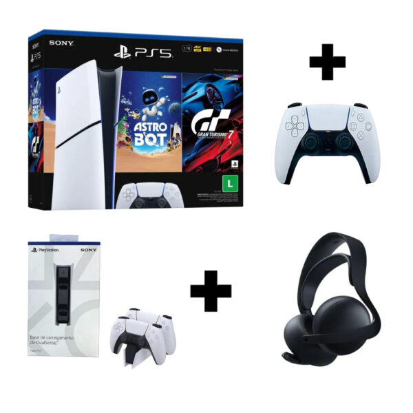 Combo PS5 Slim Digital 1TB C/ Astro Bot + Gran Turismo 7 + Carregador Duplo Sony + Controle Adicional + Headset Pulse Elite