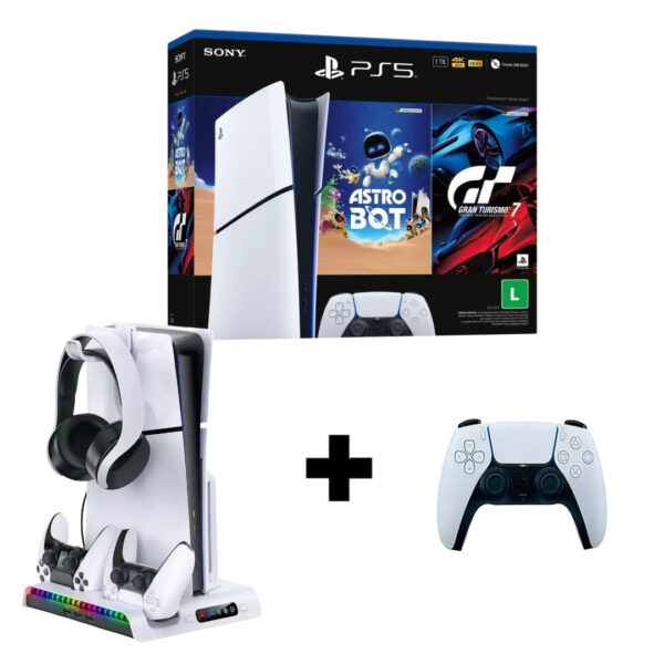 Combo PS5 Slim Digital 1TB C/ Astro Bot + Gran Turismo 7 + Controle adicional + Base Cooler