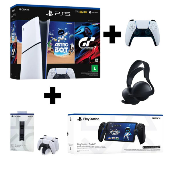 Combo PS5 Slim Digital 1TB C/ Astro Bot + Gran Turismo 7 + Controle Adicional + Carregador duplo + Playstation Portal
